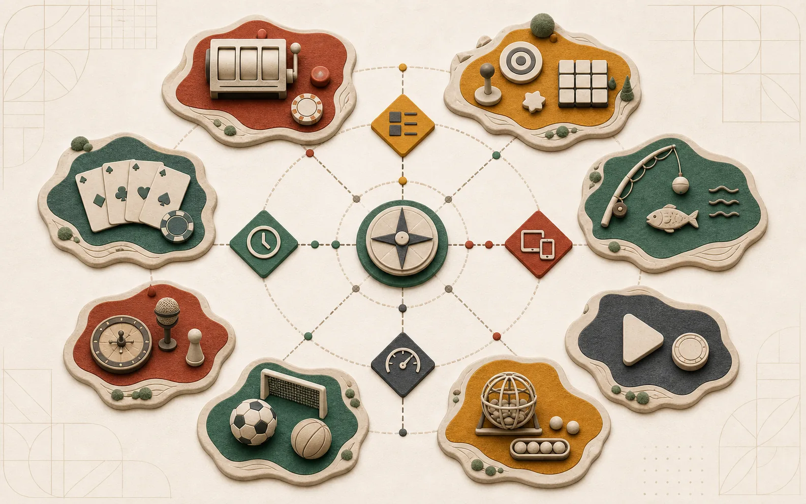 Mapa visual das categorias de jogos da ojwin e seus critérios de escolha