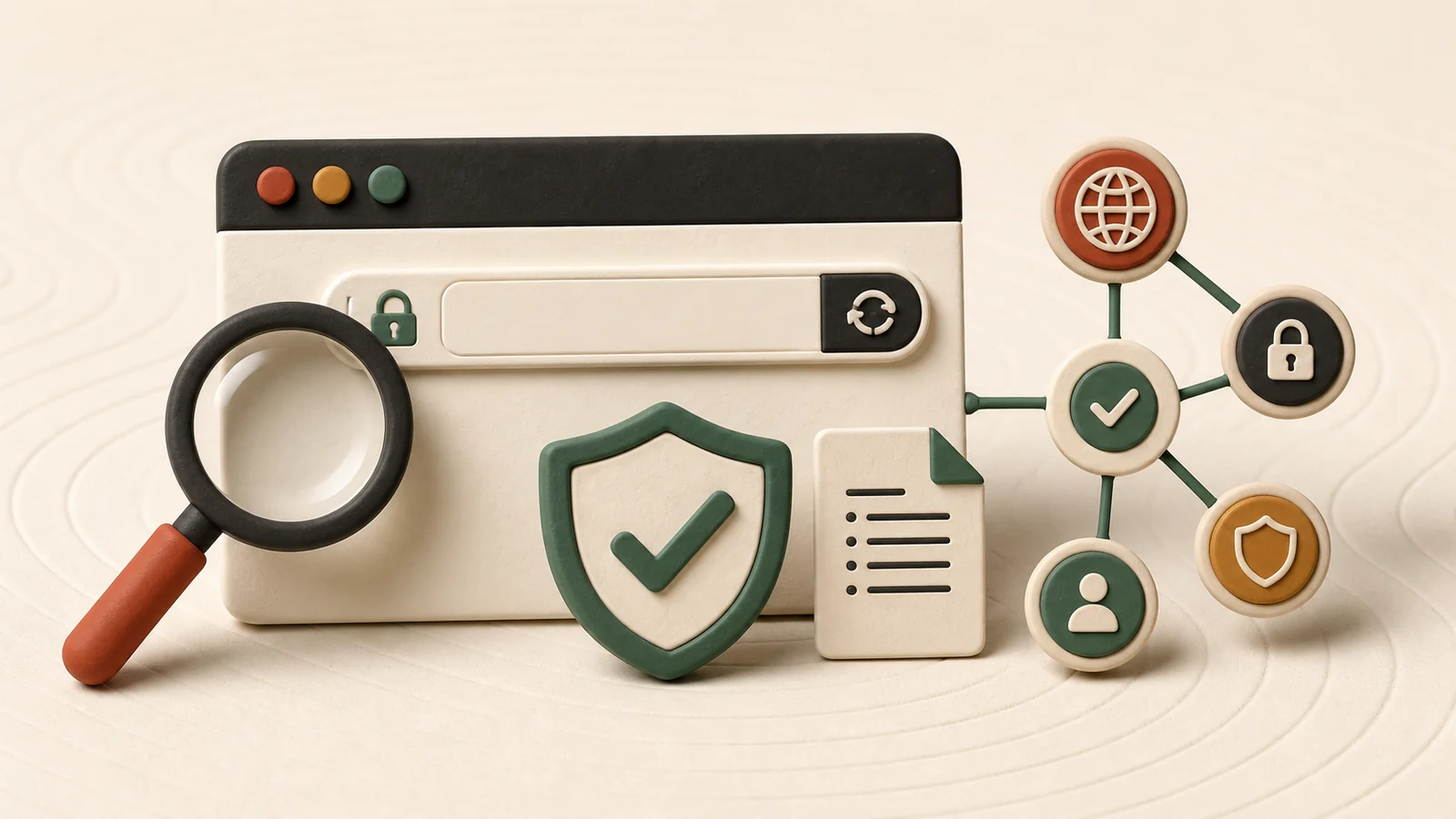 Navegador, lupa, escudo e pontos de verificação de endereço e segurança digital